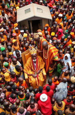 An aerial view of a vibrant chiefs camp in Africa filled with a large crowd of traditional African people, both children and adults, dressed in colorful, traditional attires