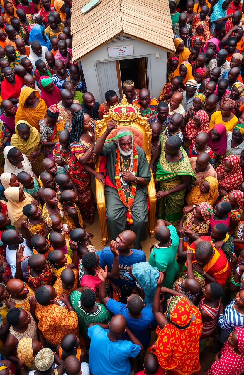 An aerial view of a vibrant chiefs camp in Africa filled with a large crowd of traditional African people, both children and adults, dressed in colorful, traditional attires