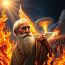 A vivid scene depicting an elderly man with a serene and calm expression, his face adorned with a white beard, radiating wisdom and peace