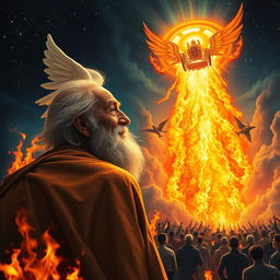 A vivid scene depicting an elderly man with a serene and calm expression, his face adorned with a white beard, radiating wisdom and peace