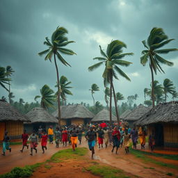 In a traditional African village with round huts amidst a heavy rainstorm, numerous African villagers can be seen energetically running in various directions, their bright colorful garments creating a vivid contrast against the dark, stormy sky