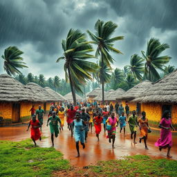 In a traditional African village with round huts amidst a heavy rainstorm, numerous African villagers can be seen energetically running in various directions, their bright colorful garments creating a vivid contrast against the dark, stormy sky