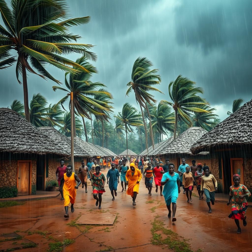 In a traditional African village with round huts amidst a heavy rainstorm, numerous African villagers can be seen energetically running in various directions, their bright colorful garments creating a vivid contrast against the dark, stormy sky