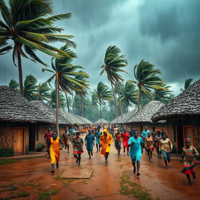 In a traditional African village with round huts amidst a heavy rainstorm, numerous African villagers can be seen energetically running in various directions, their bright colorful garments creating a vivid contrast against the dark, stormy sky