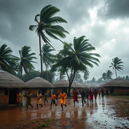 In a traditional African village with round huts amidst a heavy rainstorm, numerous African villagers can be seen energetically running in various directions, their bright colorful garments creating a vivid contrast against the dark, stormy sky