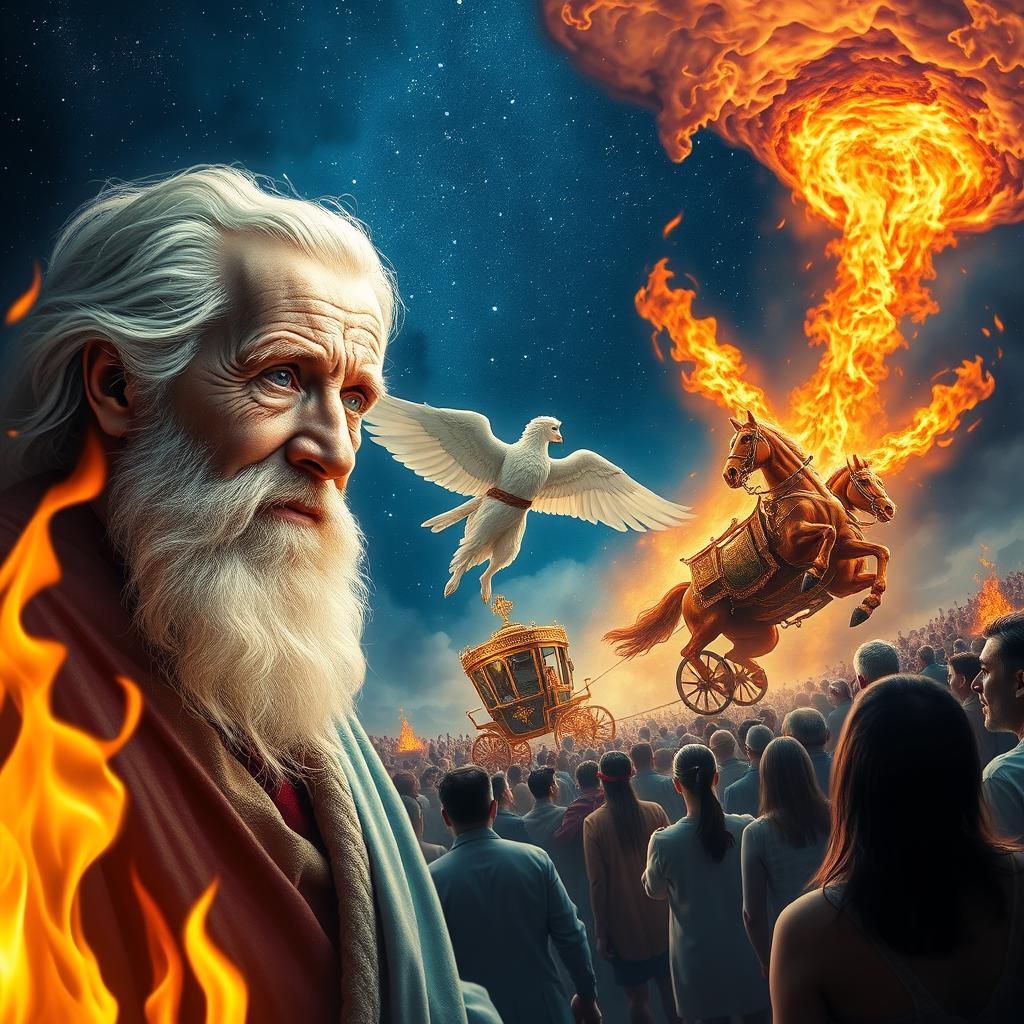 A vivid scene depicting an elderly man with a serene expression, a flowing white beard, and bright, wise eyes, bathed in a gentle heavenly light along with a magnificent angel exuding warmth and peace