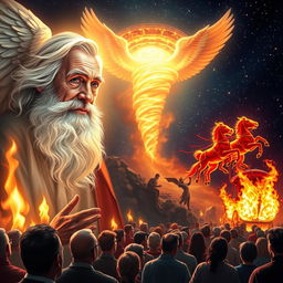 A vivid scene depicting an elderly man with a serene expression, a flowing white beard, and bright, wise eyes, bathed in a gentle heavenly light along with a magnificent angel exuding warmth and peace