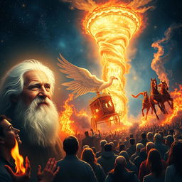 A vivid scene depicting an elderly man with a serene expression, a flowing white beard, and bright, wise eyes, bathed in a gentle heavenly light along with a magnificent angel exuding warmth and peace