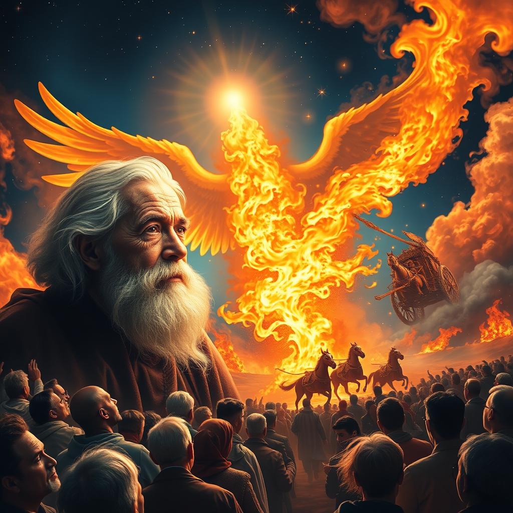 A vivid scene featuring an elderly man with a serene and calm face, adorned with a flowing white beard, surrounded by a radiant angel of light