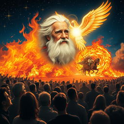 A vivid scene featuring an elderly man with a serene and calm face, adorned with a flowing white beard, surrounded by a radiant angel of light