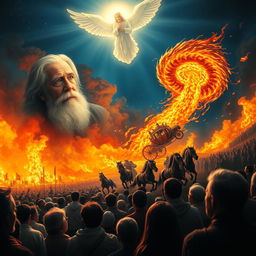 A vivid scene featuring an elderly man with a serene and calm face, adorned with a flowing white beard, surrounded by a radiant angel of light