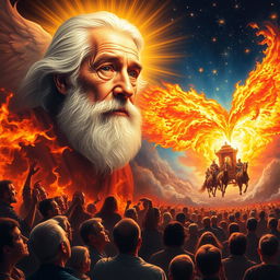 A vivid scene featuring an elderly man with a serene and calm face, adorned with a flowing white beard, surrounded by a radiant angel of light