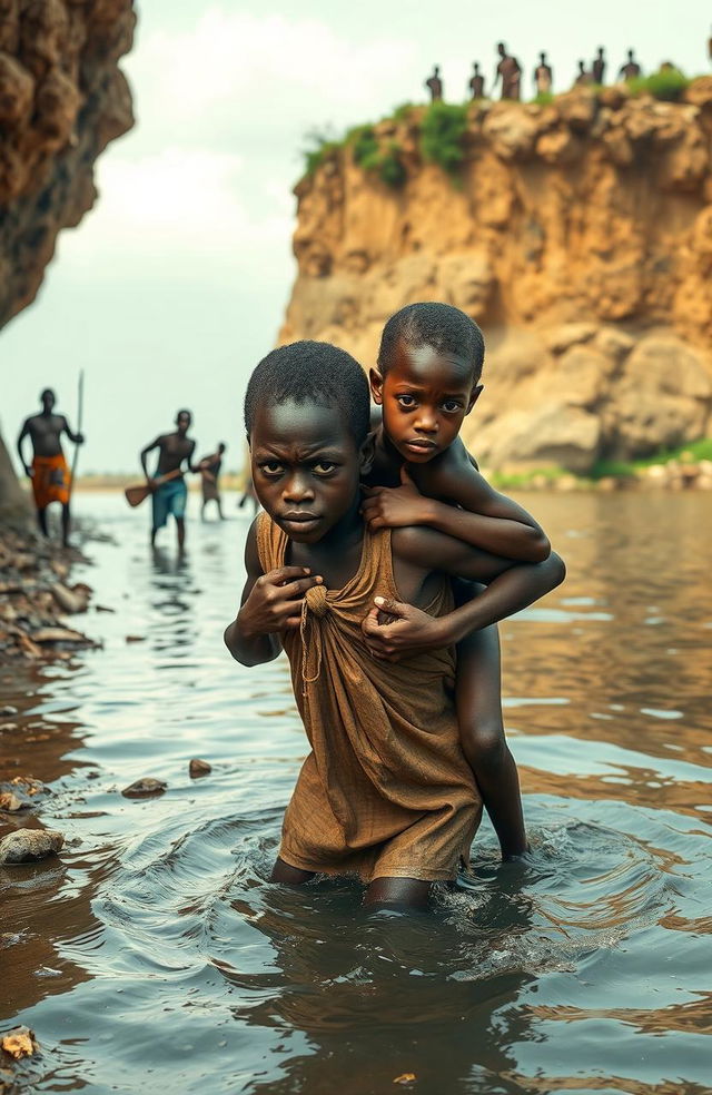 On a river shore, a traditional African setting depicts a young boy named Apiyo carrying his twin sister Adongo on his back