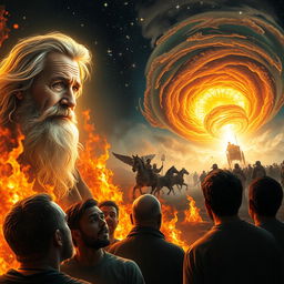 A vivid scene depicting an elderly man with a serene and calm expression, his beard flowing gently in the wind, illuminated by a radiant angel of light beside him