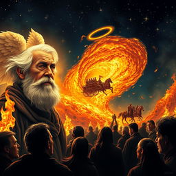 A vivid scene depicting an elderly man with a serene and calm expression, his beard flowing gently in the wind, illuminated by a radiant angel of light beside him