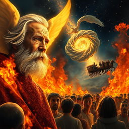 A vivid scene depicting an elderly man with a serene and calm expression, his beard flowing gently in the wind, illuminated by a radiant angel of light beside him