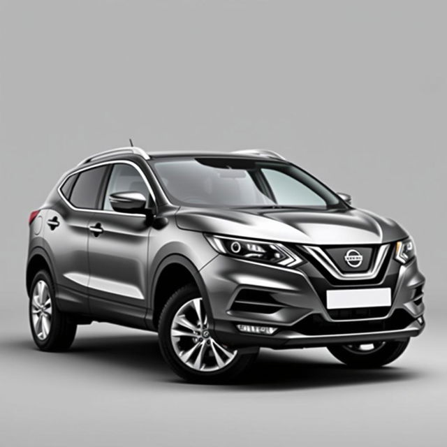 A sleek Nissan Qashqai in a smooth grey finish, featuring stylish silver wheels