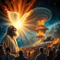 A vivid scene depicting an elderly man with a serene and calm expression and a flowing white beard, standing peacefully amidst radiant light emanating from an ethereal angel beside him