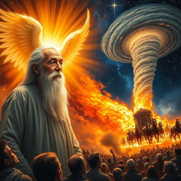 A vivid scene depicting an elderly man with a serene and calm expression and a flowing white beard, standing peacefully amidst radiant light emanating from an ethereal angel beside him