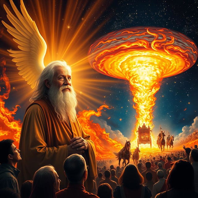 A vivid scene depicting an elderly man with a serene and calm expression and a flowing white beard, standing peacefully amidst radiant light emanating from an ethereal angel beside him