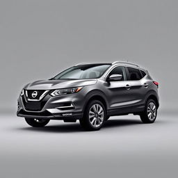 A sleek Nissan Qashqai positioned frontally in a sophisticated grey finish, featuring stylish silver wheels