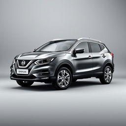 A sleek Nissan Qashqai positioned frontally in a sophisticated grey finish, featuring stylish silver wheels
