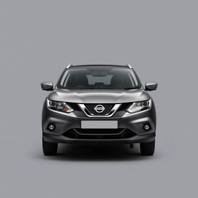 A sleek Nissan Qashqai positioned frontally in a sophisticated grey finish, featuring stylish silver wheels