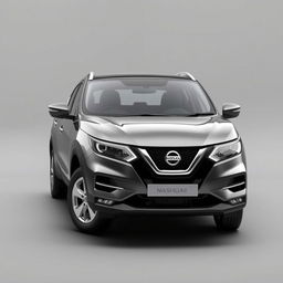 A sleek Nissan Qashqai positioned frontally in a sophisticated grey finish, featuring stylish silver wheels