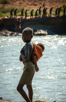 A dramatic scene capturing the desperation of two young African twins, an 8-year-old boy named Apiyo, carrying his sister Adongo on his back