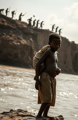 A dramatic scene capturing the desperation of two young African twins, an 8-year-old boy named Apiyo, carrying his sister Adongo on his back