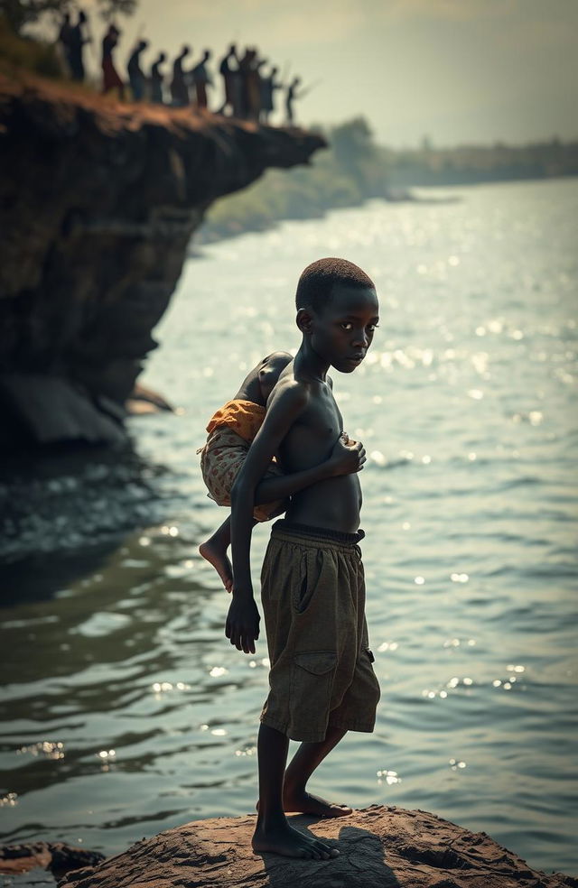 A dramatic scene capturing the desperation of two young African twins, an 8-year-old boy named Apiyo, carrying his sister Adongo on his back