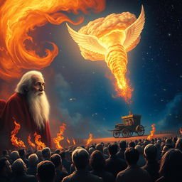 A vivid scene depicting an elderly man with a serene expression and a long white beard, illuminated gently by a radiant angel of light hovering beside him