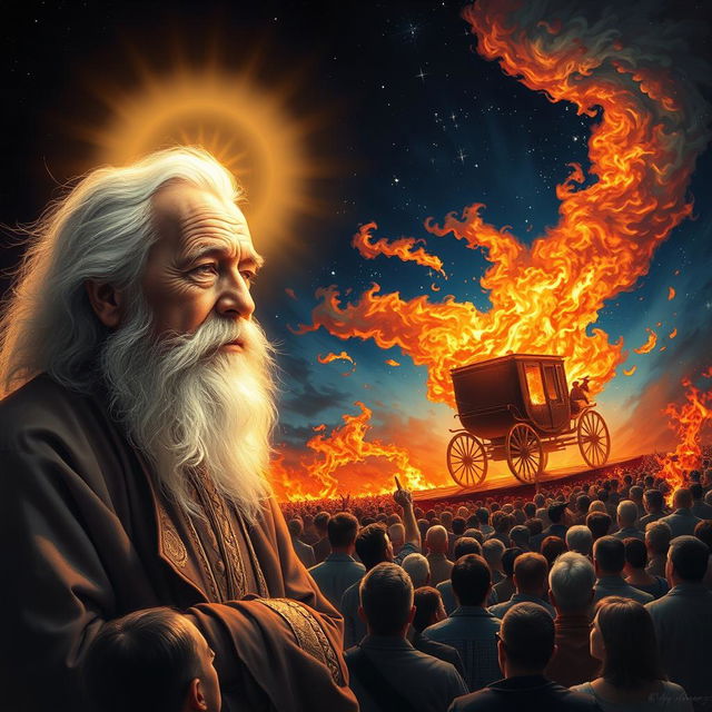 A vivid scene depicting an elderly man with a serene expression and a long white beard, illuminated gently by a radiant angel of light hovering beside him