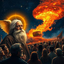 A vivid scene depicting an elderly man with a serene expression and a long white beard, illuminated gently by a radiant angel of light hovering beside him