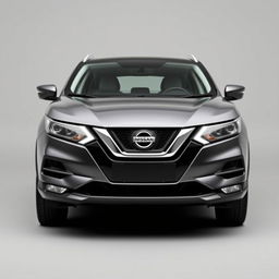 A front-facing view of a sleek Nissan Qashqai with a modern grey finish, featuring stylish silver alloy wheels