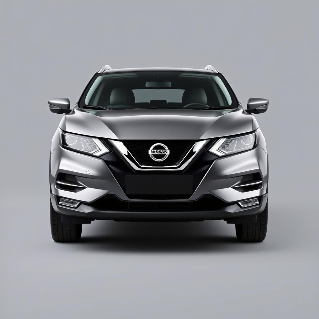 A front-facing view of a sleek Nissan Qashqai with a modern grey finish, featuring stylish silver alloy wheels