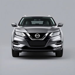 A front-facing view of a sleek Nissan Qashqai with a modern grey finish, featuring stylish silver alloy wheels