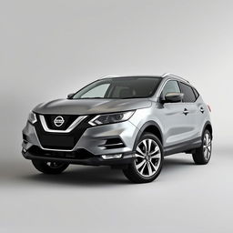 A front-facing view of a sleek Nissan Qashqai with a modern grey finish, featuring stylish silver alloy wheels