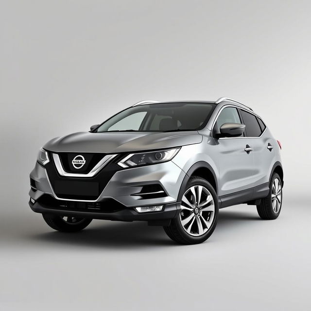 A front-facing view of a sleek Nissan Qashqai with a modern grey finish, featuring stylish silver alloy wheels