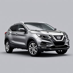 A front-facing view of a sleek Nissan Qashqai with a refined grey finish, showcasing its elegant lines and contours