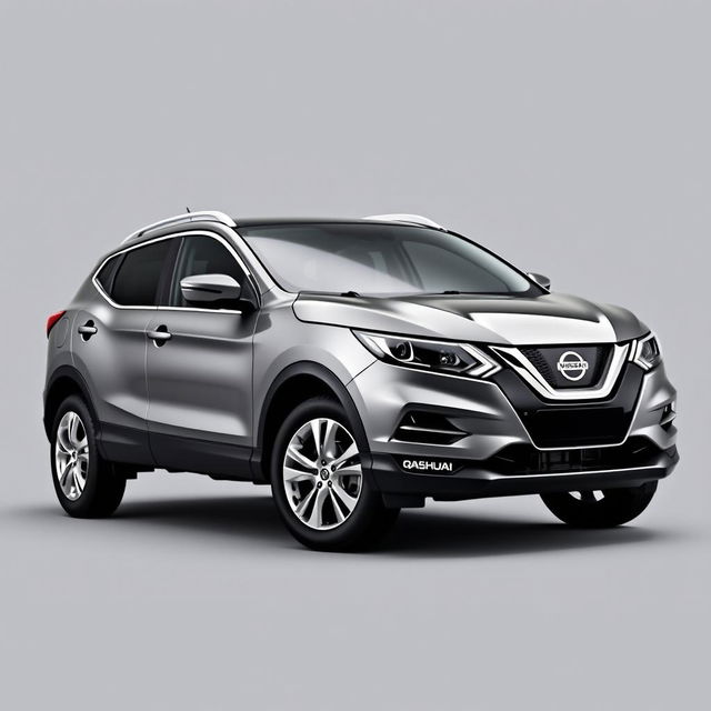 A front-facing view of a sleek Nissan Qashqai with a refined grey finish, showcasing its elegant lines and contours