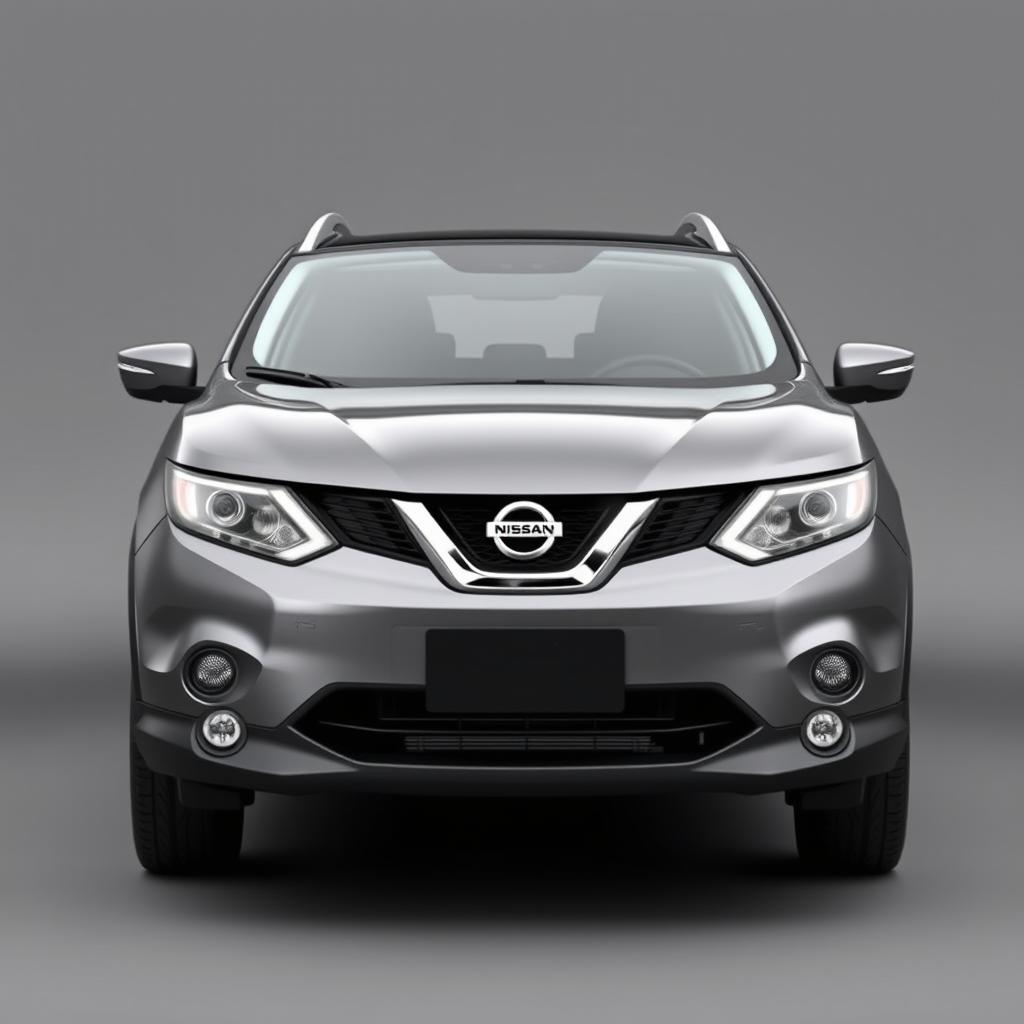 A front-facing view of a sleek Nissan Qashqai with a refined grey finish, showcasing its elegant lines and contours