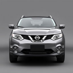 A front-facing view of a sleek Nissan Qashqai with a refined grey finish, showcasing its elegant lines and contours