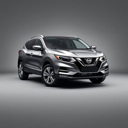 A front-facing view of a sleek Nissan Qashqai with a refined grey finish, showcasing its elegant lines and contours