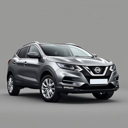 A front-facing view of a sleek Nissan Qashqai with a refined grey finish, showcasing its elegant lines and contours