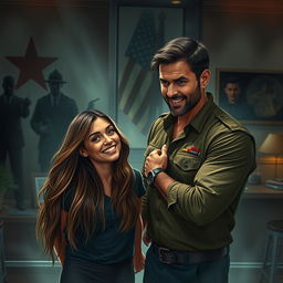 A thrilling love story set against a backdrop of danger and intrigue, featuring an 18-year-old girl with long, flowing hair and bright eyes, smiling as she shares a moment with her childhood friend, a rugged 30-year-old former military man with a strong build and a protective demeanor