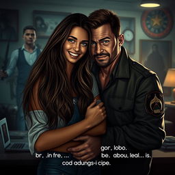 A thrilling love story set against a backdrop of danger and intrigue, featuring an 18-year-old girl with long, flowing hair and bright eyes, smiling as she shares a moment with her childhood friend, a rugged 30-year-old former military man with a strong build and a protective demeanor