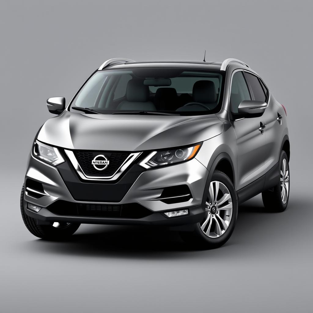 A front-facing view of a sleek Nissan Qashqai with a stylish grey finish, showcasing its smooth lines and modern design