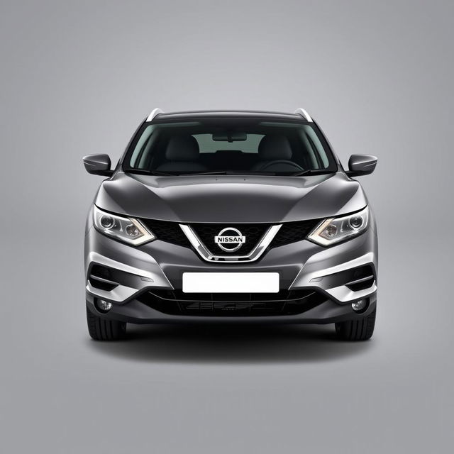 A front-facing view of a sleek Nissan Qashqai with a stylish grey finish, showcasing its smooth lines and modern design