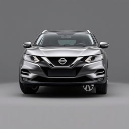 A front-facing view of a sleek Nissan Qashqai with a stylish grey finish, showcasing its smooth lines and modern design